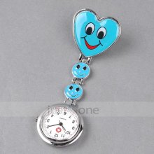 Heart Shape Smile Face Nurse Brooch Pendant Quartz Pocket Watch Blue