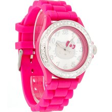 Hello Kitty By Sanrio Ladies Crystal Silver Dial Hot Pink Quartz Watch HK2055