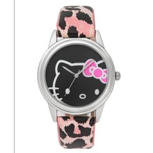 Hello Kitty Watch, Womens Pink Leopard Print Leather Strap 43mm H3WL10