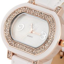 Hot Crystal Luxury White Texture Women Girl Wrist Watch Lady Leather Jewel Clock