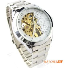 Hot Men's White Dial Skeleton Automatic Mechanical Stainless Steel Wrist Watch