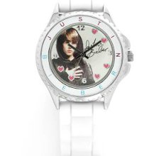 Justin Bieber Kids' Jb1173 Round Case Pink Heart Markers White Rubber Watch
