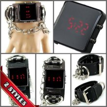 K04 Led Digital Date Cool Watch Men/lady Rock Heavy Ring N Chain Leather