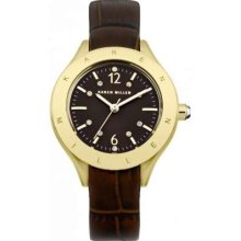 Karen Millen Ladies' Gold Plate & Brown Crystal Set Leather Strap KM109TG Watch