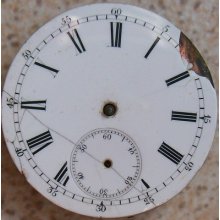 Key Wind Pocket Watch Movement & Enamel Dial 32 Mm. In Diameter Balance Ok.