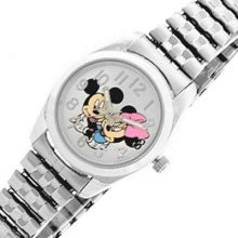 Kids Ladies Disney Analog Watch Mickey Loves Minnie Silver-tone Bracelet