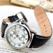 Ks Men Leather Band Mechanical Automatic Stainless Steel Case Waterproof Watch