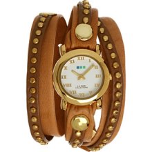 La Mer Collection Women Camel Gold Bali Stud Wrap Watch Leather Strap Case