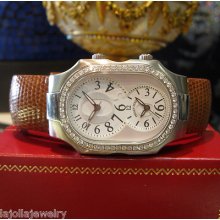 Ladies Large Philip Stein Teslar Watch Dual Time Stainless Steel Diamonds