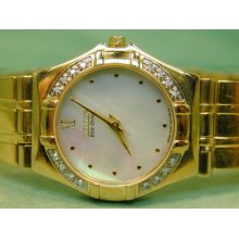 Ladies Mother Of Pearl Eco Drive 16 Diamond Bezel Gold Tone Wrist Watch Running