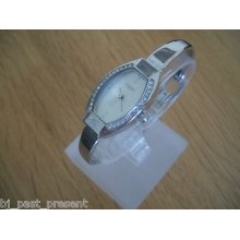 Ladies Oasis Watch Polished Stainless Steel Oval Silver Dial Diamante Stones