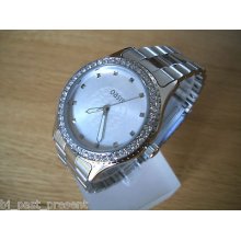 Ladies Oasis Watch Round Silver Dial Numerous Diamante Stones Linked Strap B786