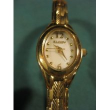 Ladies Pearl Dial Gold Tone Elgin Dress Watch With Cabachon Crown nice.