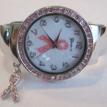 Ladies Stainless Steel Pink Breast Cancer Awareness Bracelet Watch, Charm