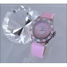 Ladies Stunning Pink Leather Limit Fashion Watch W/ Pink Mother-of-pearl Accents
