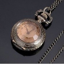 Ladies Vintage Bronze Retro Crystal Stone Face Quartz Necklace Watch + Gift Box