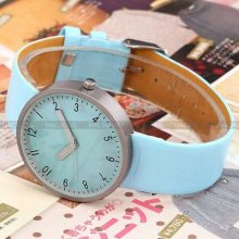 Lady Girl Child Light Blue Fashion Leather Analog Quartz Sport Gift Wrist Watch
