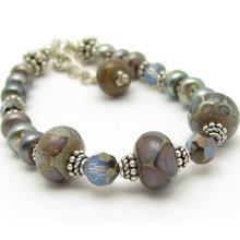 Lampwork Bracelet USA Lampwork Swarovski Crystal Sterling Silver Brown Planets Pearls