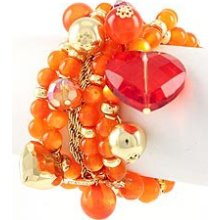 Large Heart Orange & Gold tone Beaded Stretch Bracelet