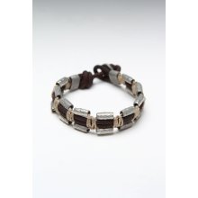 Leather And Square Bead Bracelet Hemp/Silver