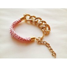 Light Pink Silk Rope and Gold Chain Bracelet Light Pink Silk Rope and Gold Chain Bracelet