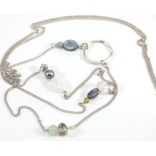 long rhodium plated layering necklace crystal pearl blue green kyanite by CURRICULUM