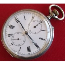 Longines Chronograph Pocket Watch Open Face Silver Case 52 Mm. Running