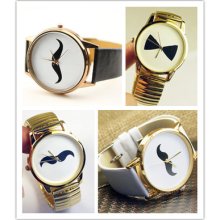 Lovely Moustache Bowknot Round Design Leather Strap Decoration Wrist Watch