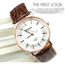 Luxury Gold Dial White Ultrathin Brown Black Leather Wristwatch Men