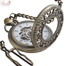 Mechanical Hand-wind Half Hunter Copper Antique Pocket Watch Case Long Chain