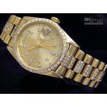 Mens 18k Gold Day Date President Watch W/diamonds Men's Mechanical W