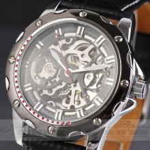 Men's Army Pilot Cool Skeleton Auto Mechanical Leather Strap Analog Wrist Watch