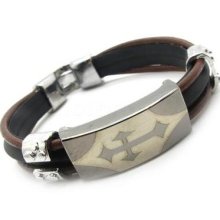 Men's Black Holy Cross Leather Bracelet Silver Stainless Steel Cool Bangle Chain