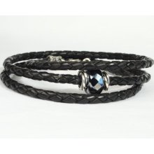 Men's black leather wrap bracelet. Gray glass bead, silver spacers and toggle clasp. Hip man bracelet.