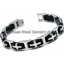 Men's Black Silver Stainless Steel Rubber Bracelet Bangle Link W/tracking No.+++