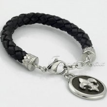 Mens Brown Genuine Leather Bracelet Link Fleur De Lis Shield Pendant Wristband