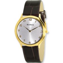 Mens Buren Silver Dial IP-Gold plated Brown Leather Strap