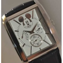 Mens Disney Mickey Mouse Silver Dial Black Leather Day Date Watch
