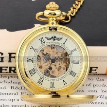 Men's Gold Retro Case Half Hunter Hand-winding Roman Mechanical Pocket Watch