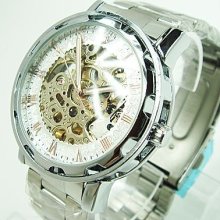 Mens Golden Skeleton Stainless Auto Mechanical Watch U