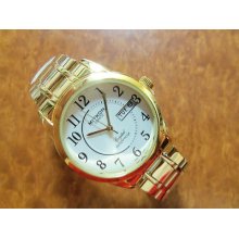 Men's Miykon Watch Waterproof Gold Tone Metal Link Band White Dial Day & Date