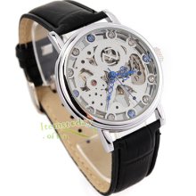 Mens Rare Blue Crystal Hand Wind Mechanical Watch Silver Skeleton Hollow Leather