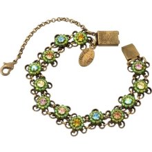 Michal Negrin Bracelet W Multicolor Crystals; Green Beaded Flower; Vintage Style