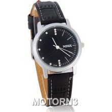 MIKE Round Dial Women's Analog Watch with PU Leather Strap (Black)