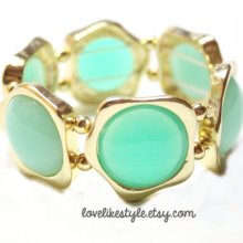 Mint Blue Gold Framed Stone and Gold Beads Statement Elastic Bracelet, Bridal Bracelet. Mint Bangle