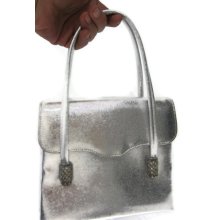 Miss Lewis Metallic Evening Bag. Fun Silver Purse with Rhinestone pineapple strap embellishments