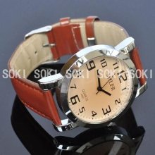 Modern Brown Color Dial Mens Wrist Leather Band Analog Quartz Watch W10