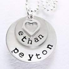Mom Necklace - Sterling Silver Personalized Necklace - Hand Stamped - Names - Open Heart Charm - Two Times The Love