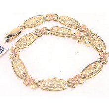 Mom's Diamond Cut Tennis Style Bracelet Art Decor Design Rose Flowers 14k Gold