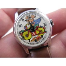 Motorcycle Mouse & Nodding Dog,1960's,manual Wind,rare Kids Ladies Watch,1261